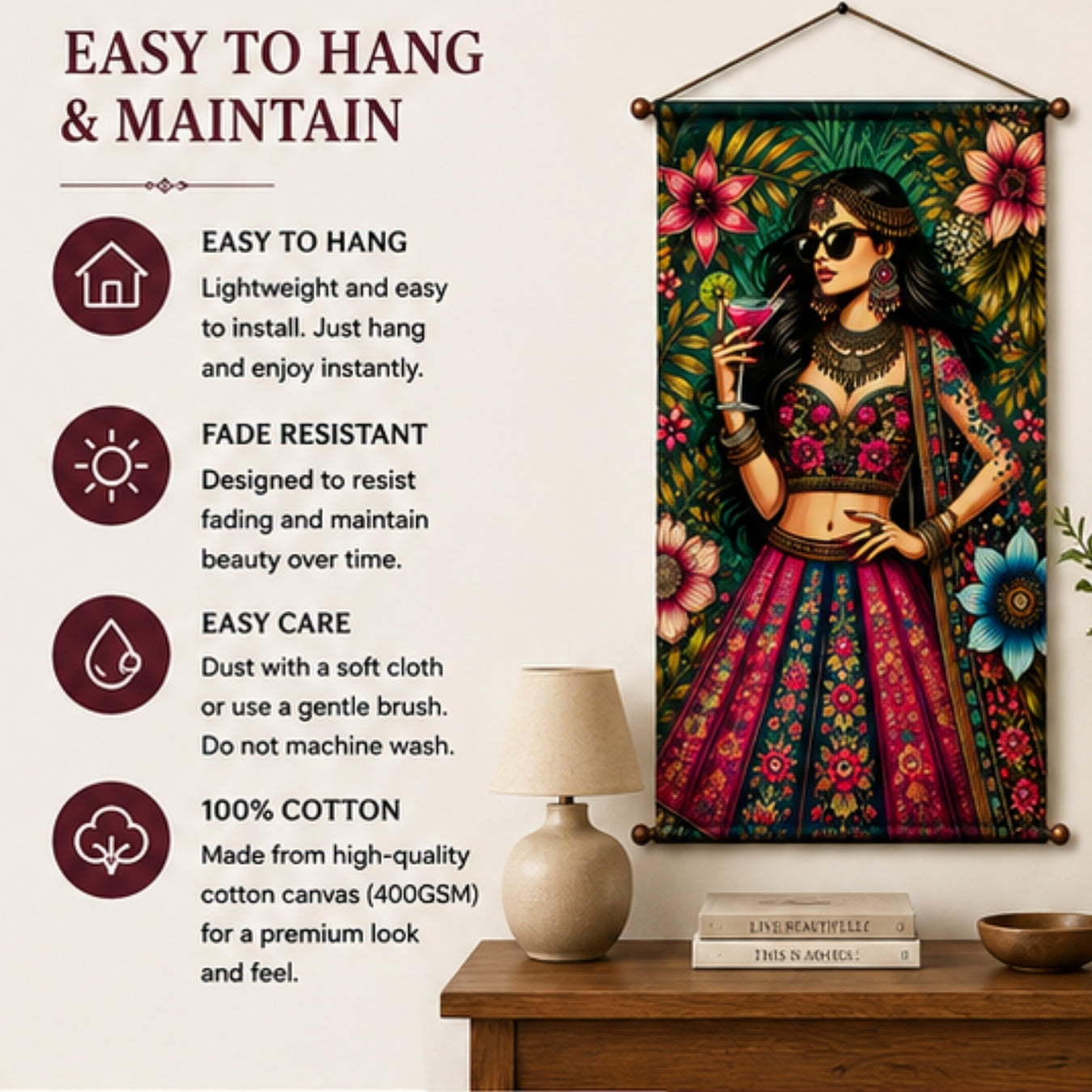 Boho Diva Fabric Wall Tapestry Hanging for Living Room & Bedroom | Stylish Indian Fashion Girl Wall Decor with Floral Design | Aesthetic Fabric Tapestry for Home, Salon, Café & Girls Room 20x30 Inch