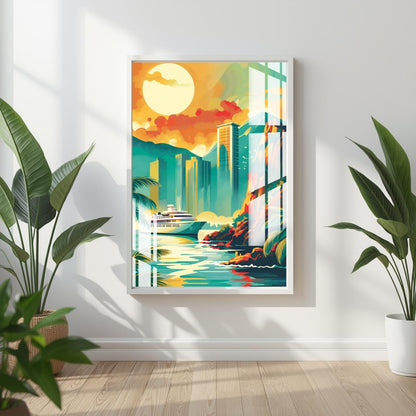 Neon Coastline City Metal Print With or Without Frame Wall Art