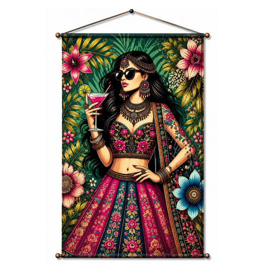 Boho Diva Fabric Wall Tapestry Hanging for Living Room & Bedroom | Stylish Indian Fashion Girl Wall Decor with Floral Design | Aesthetic Fabric Tapestry for Home, Salon, Café & Girls Room 20x30 Inch