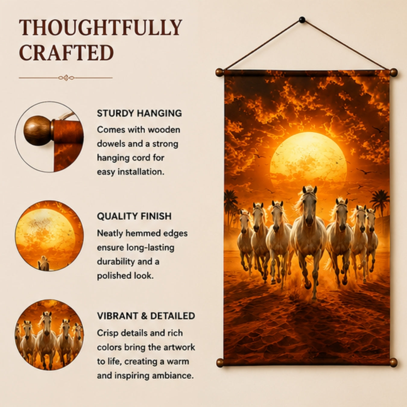 Seven Running Horse Vastu Tapestry Wall Hanging for Living Room & Bedroom | Running White Horses Sunrise Wall Decor | Aesthetic Animal Fabric Tapestry for Home, Office & Boho Decor 20x30 Inch
