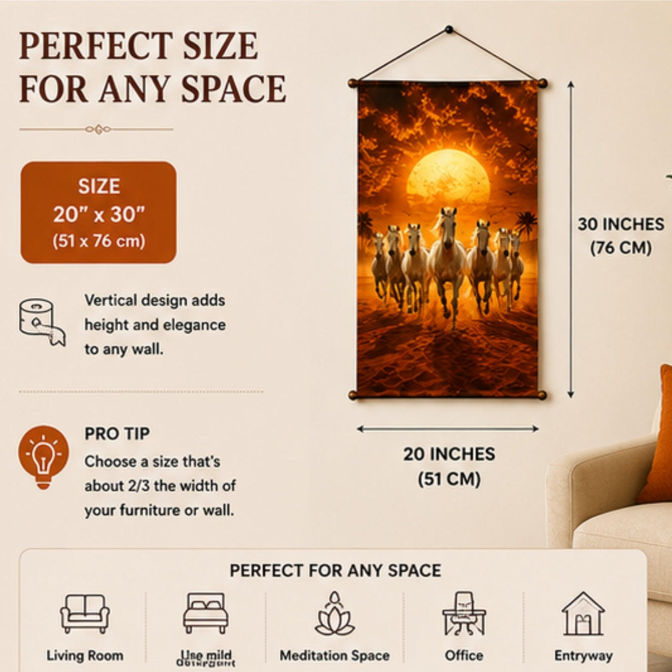 Seven Running Horse Vastu Tapestry Wall Hanging for Living Room & Bedroom | Running White Horses Sunrise Wall Decor | Aesthetic Animal Fabric Tapestry for Home, Office & Boho Decor 20x30 Inch