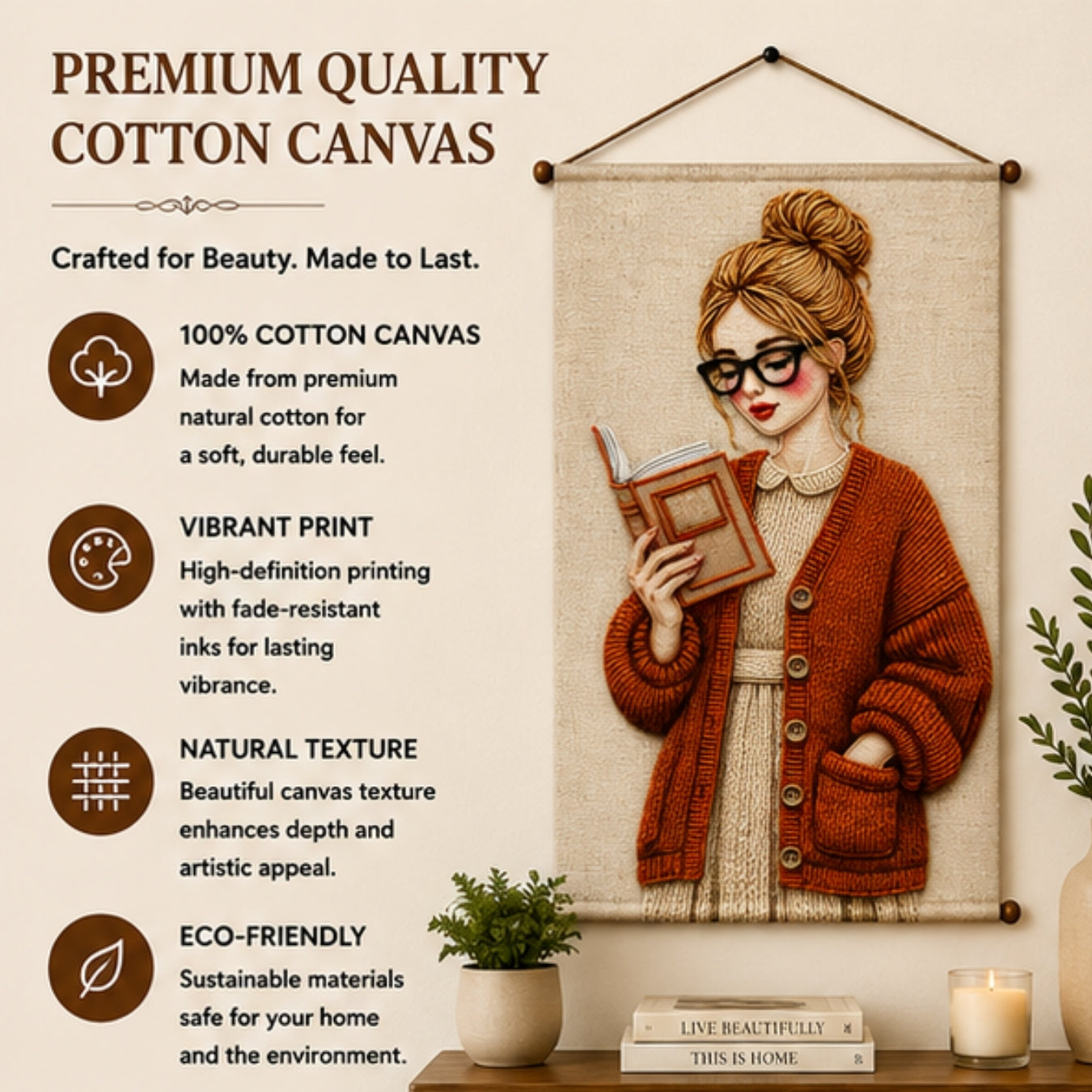 Aesthetic Girl Tapestry Wall Hanging for Bedroom & Living Room | Cozy Reading Girl Wall Decor with Knitted Sweater Design | Book Lover Fabric Tapestry for Home, Study & Boho Room Decor 20x30 Inch