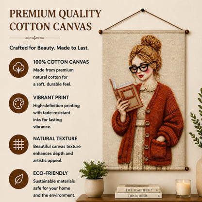 Aesthetic Girl Tapestry Wall Hanging for Bedroom & Living Room | Cozy Reading Girl Wall Decor with Knitted Sweater Design | Book Lover Fabric Tapestry for Home, Study & Boho Room Decor 20x30 Inch