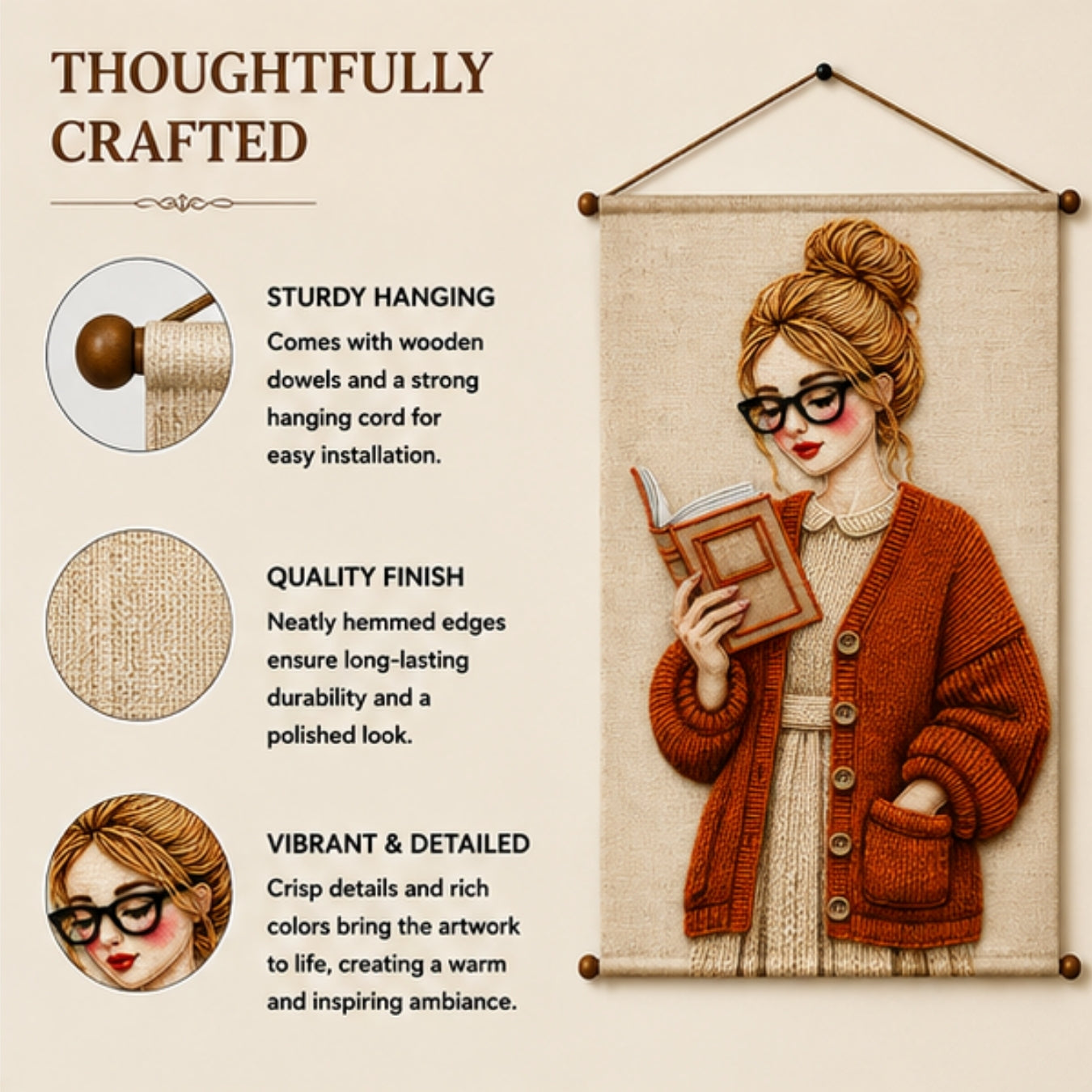 Aesthetic Girl Tapestry Wall Hanging for Bedroom & Living Room | Cozy Reading Girl Wall Decor with Knitted Sweater Design | Book Lover Fabric Tapestry for Home, Study & Boho Room Decor 20x30 Inch