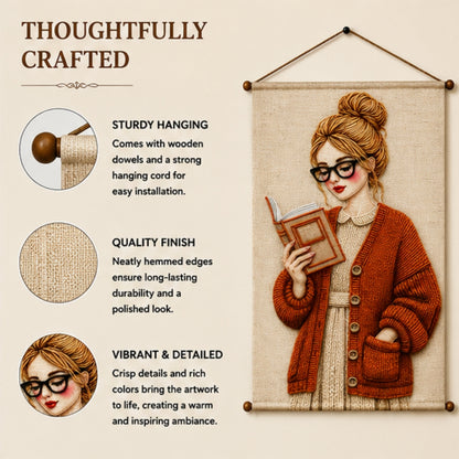 Aesthetic Girl Tapestry Wall Hanging for Bedroom & Living Room | Cozy Reading Girl Wall Decor with Knitted Sweater Design | Book Lover Fabric Tapestry for Home, Study & Boho Room Decor 20x30 Inch