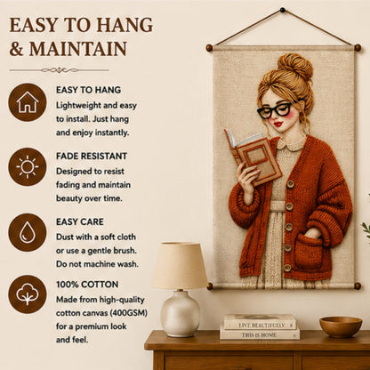 Aesthetic Girl Tapestry Wall Hanging for Bedroom & Living Room | Cozy Reading Girl Wall Decor with Knitted Sweater Design | Book Lover Fabric Tapestry for Home, Study & Boho Room Decor 20x30 Inch