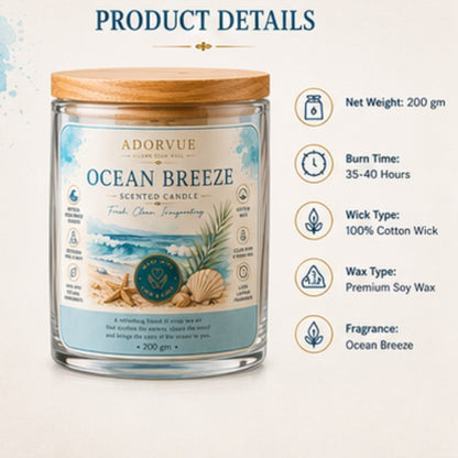 Ocean Breeze Scented Candle for Home Decor & Gifting | Natural Soy Wax Aromatherapy Candle
