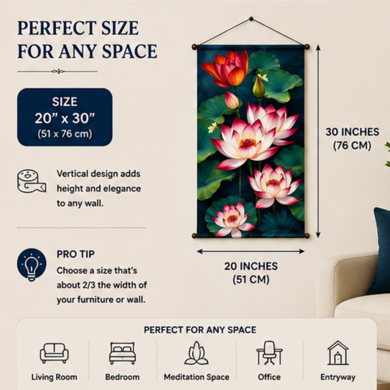 Flower Tapestry Lotus Wall Hanging Decor For Living Room & Bedroom | Aesthetic Floral Wall Decor with Lotus Pond Design | Zen Fabric Tapestry for Home, Meditation Room & Boho Decor 20X30 Inch