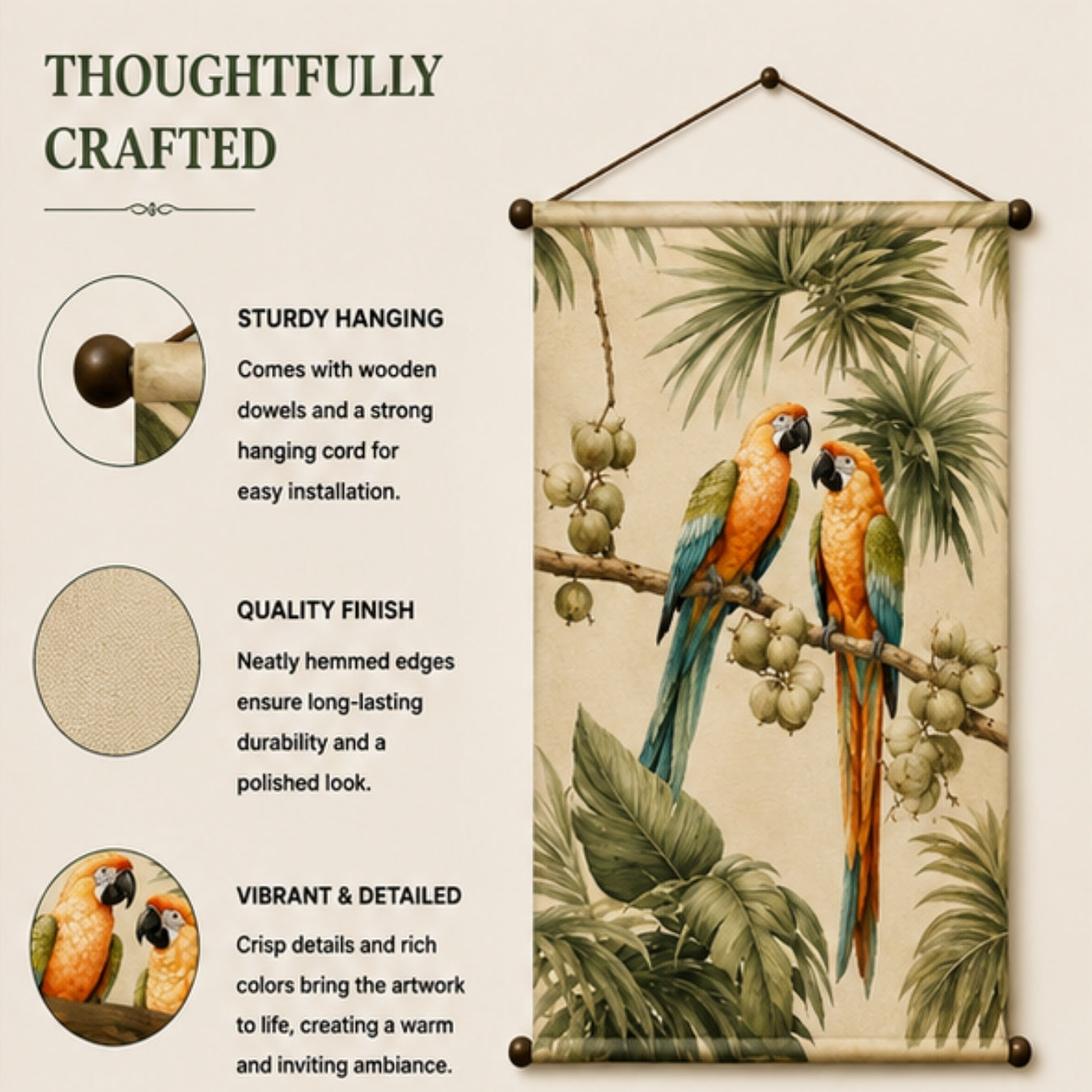 Parrot Tapestry Wall Hanging for Living Room & Bedroom | Tropical Bird Wall Decor with Macaw & Palm Leaf Design | Aesthetic Fabric Tapestry for Home, Office & Boho Decor 20x30 Inch