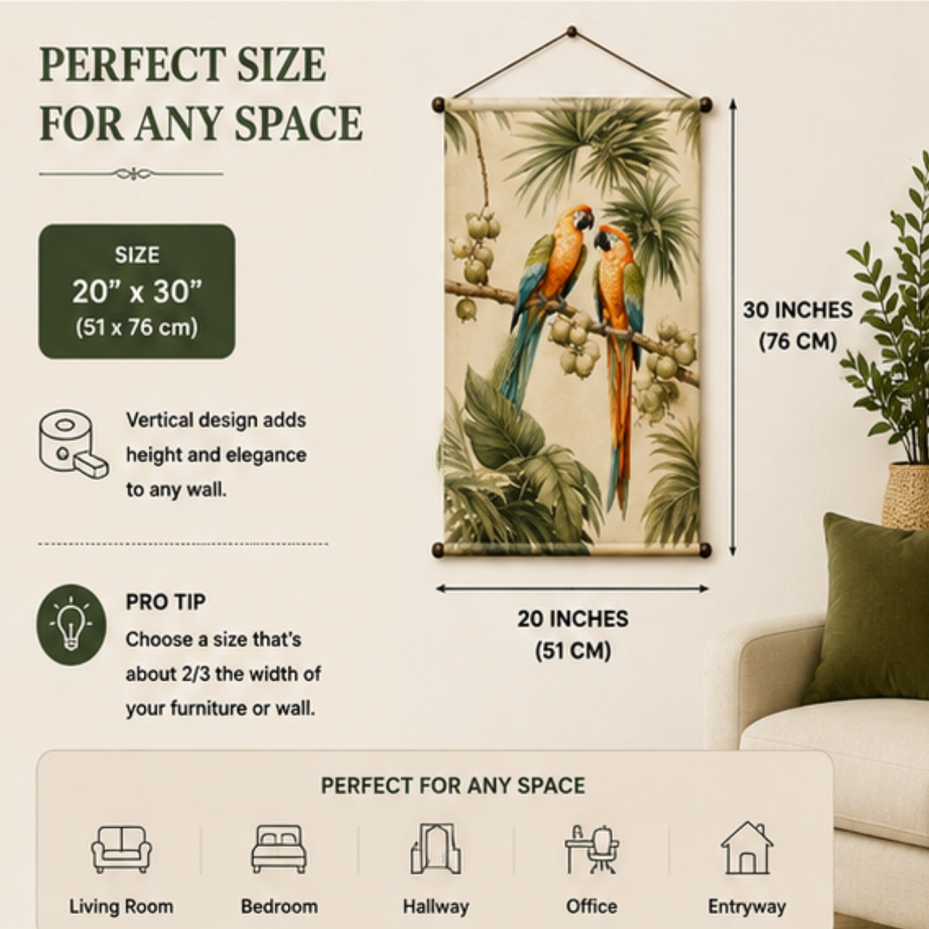Parrot Tapestry Wall Hanging for Living Room & Bedroom | Tropical Bird Wall Decor with Macaw & Palm Leaf Design | Aesthetic Fabric Tapestry for Home, Office & Boho Decor 20x30 Inch