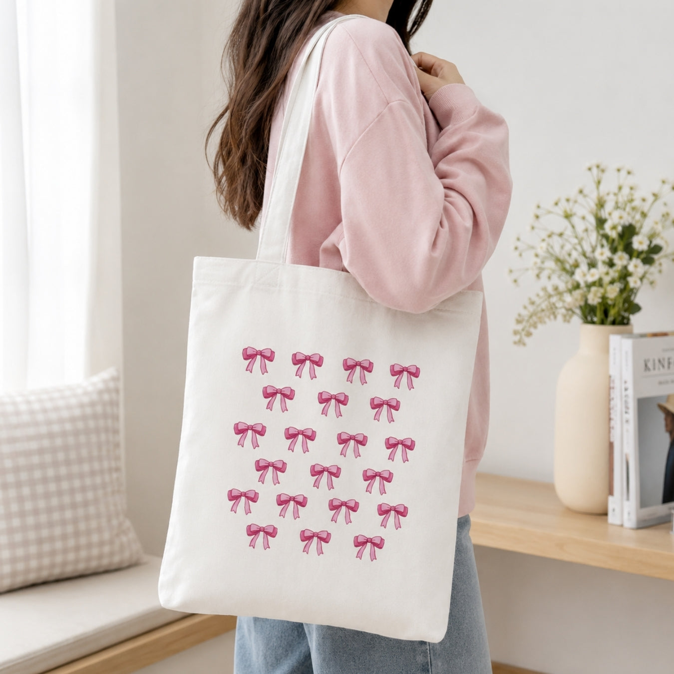 Cute Bows Premium Reusable Unique Art Printed Tote Bag Stylish Eco-Friendly Cotton Handbags, Canvas Bags for College, Shopping, Office, Travel, Grocery Runs, Beach Day and Casual Outings
