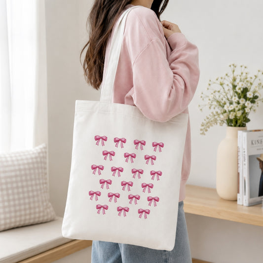 Cute Bows Premium Reusable Unique Art Printed Tote Bag Stylish Eco-Friendly Cotton Handbags, Canvas Bags for College, Shopping, Office, Travel, Grocery Runs, Beach Day and Casual Outings
