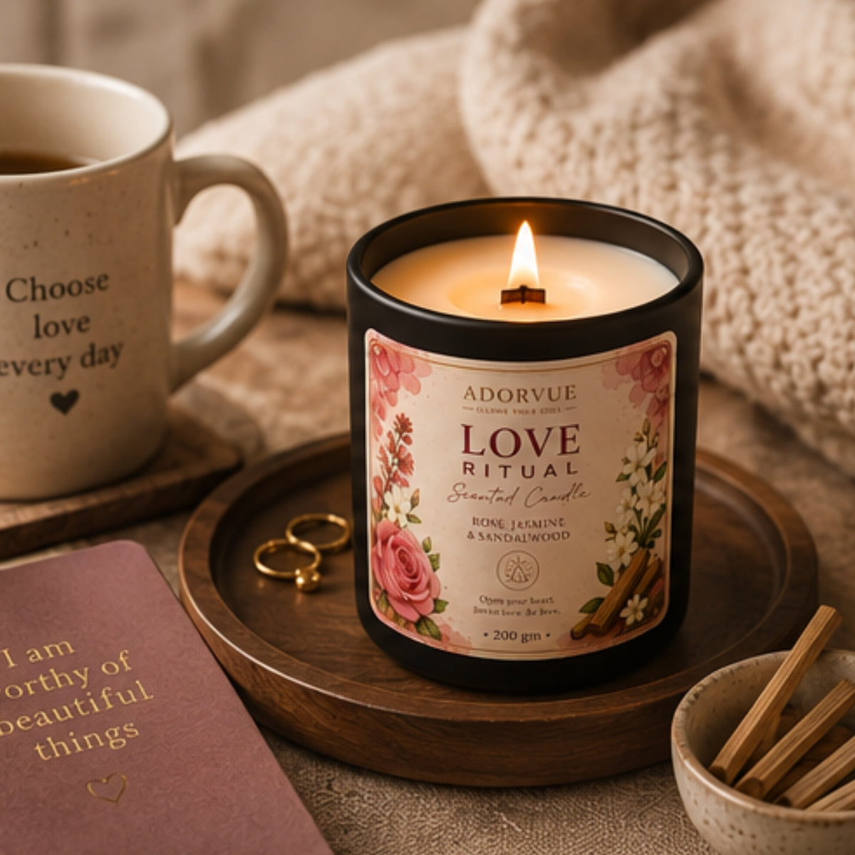 Love Ritual Scented Candle for Home Fragrance | Rose, Jasmine & Sandalwood Soy Wax Candle