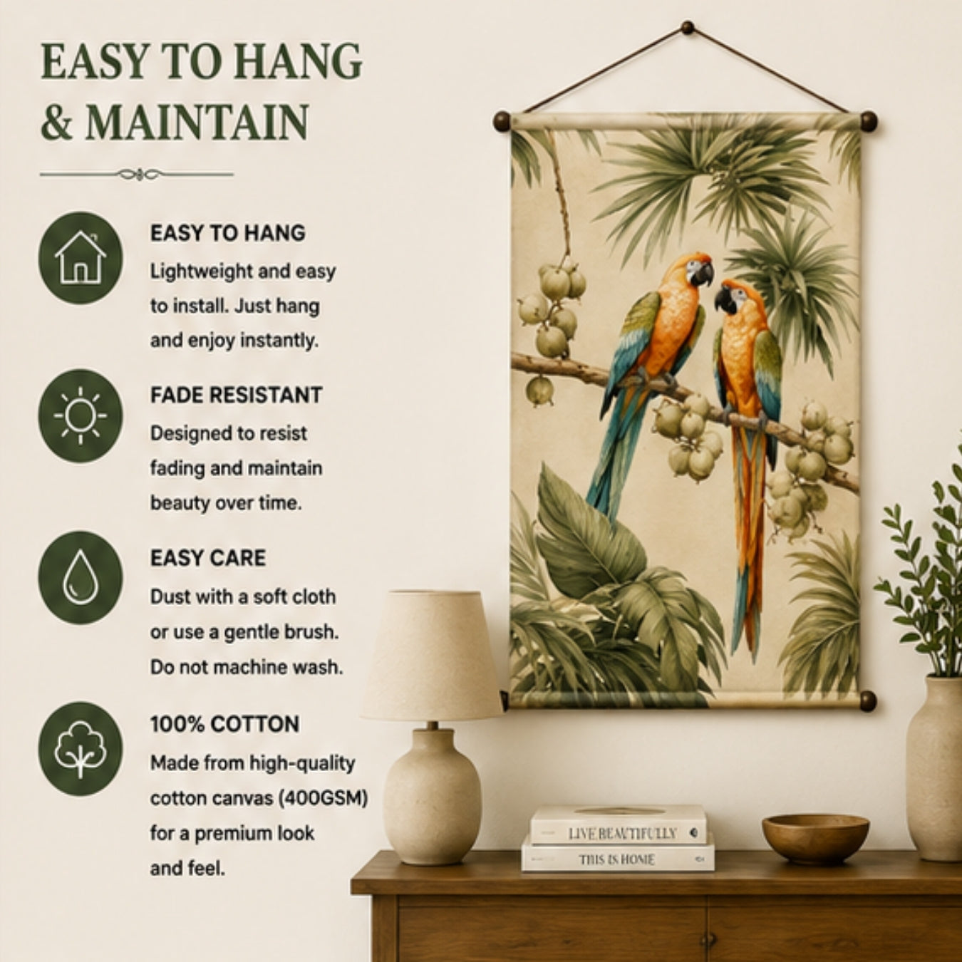 Parrot Tapestry Wall Hanging for Living Room & Bedroom | Tropical Bird Wall Decor with Macaw & Palm Leaf Design | Aesthetic Fabric Tapestry for Home, Office & Boho Decor 20x30 Inch