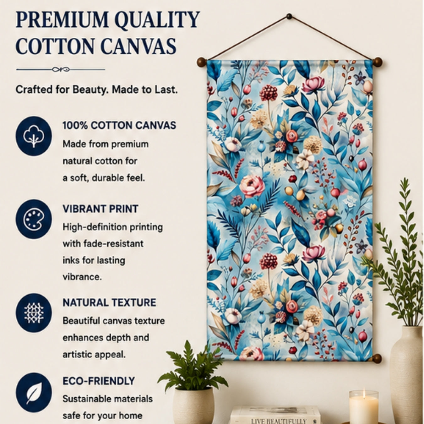 Floral Tapestry Wall Hanging for Living Room & Bedroom | Pastel Botanical Wall Decor with Blue Leaves & Bloom Design | Aesthetic Fabric Tapestry for Home, Office & Boho Decor 20x30 Inch