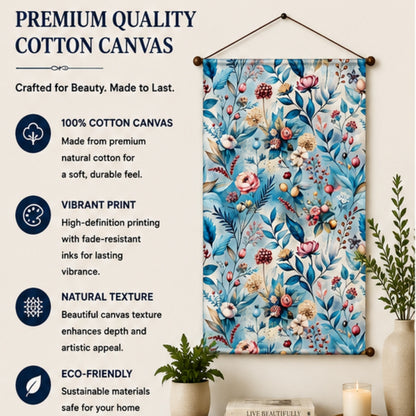 Floral Tapestry Wall Hanging for Living Room & Bedroom | Pastel Botanical Wall Decor with Blue Leaves & Bloom Design | Aesthetic Fabric Tapestry for Home, Office & Boho Decor 20x30 Inch