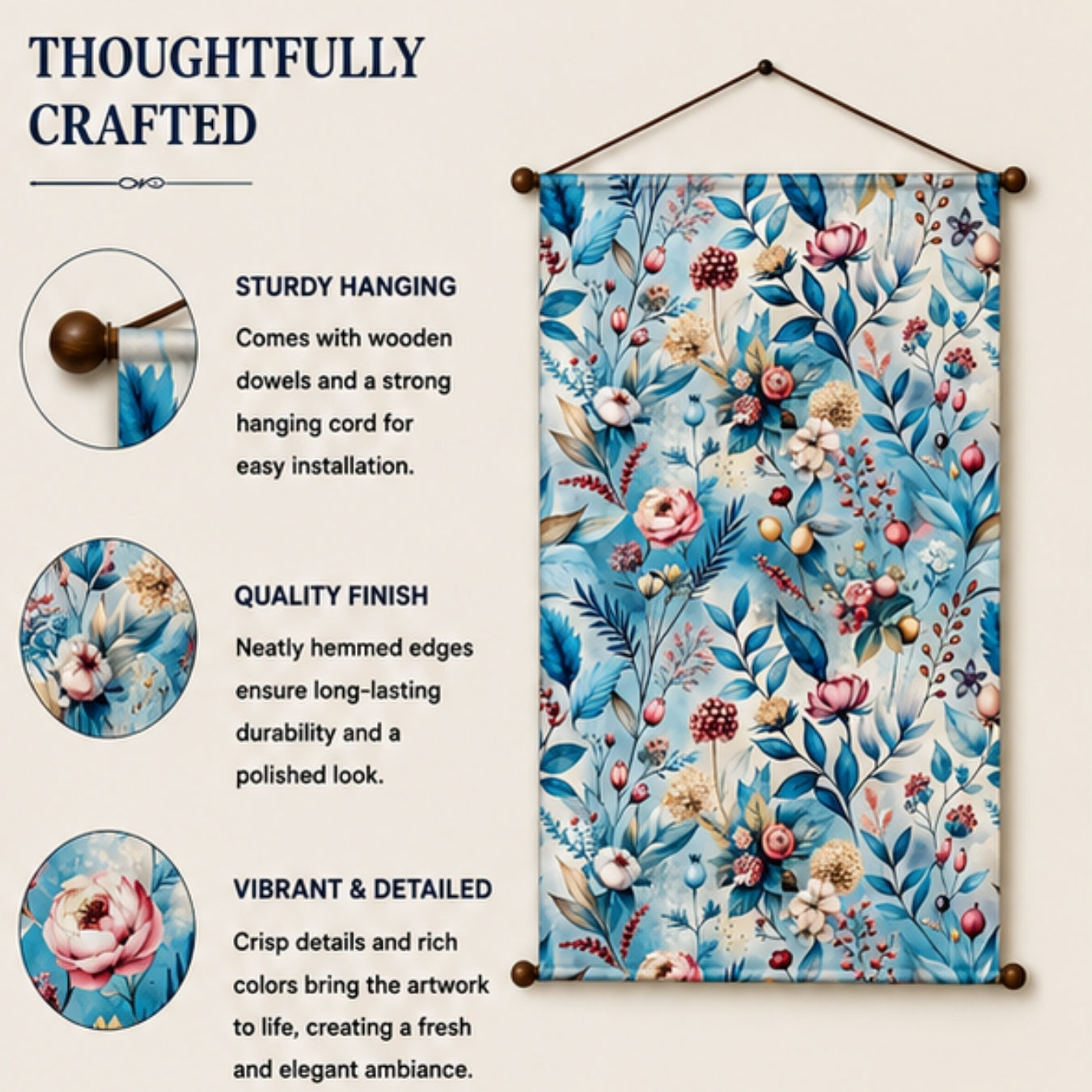 Floral Tapestry Wall Hanging for Living Room & Bedroom | Pastel Botanical Wall Decor with Blue Leaves & Bloom Design | Aesthetic Fabric Tapestry for Home, Office & Boho Decor 20x30 Inch