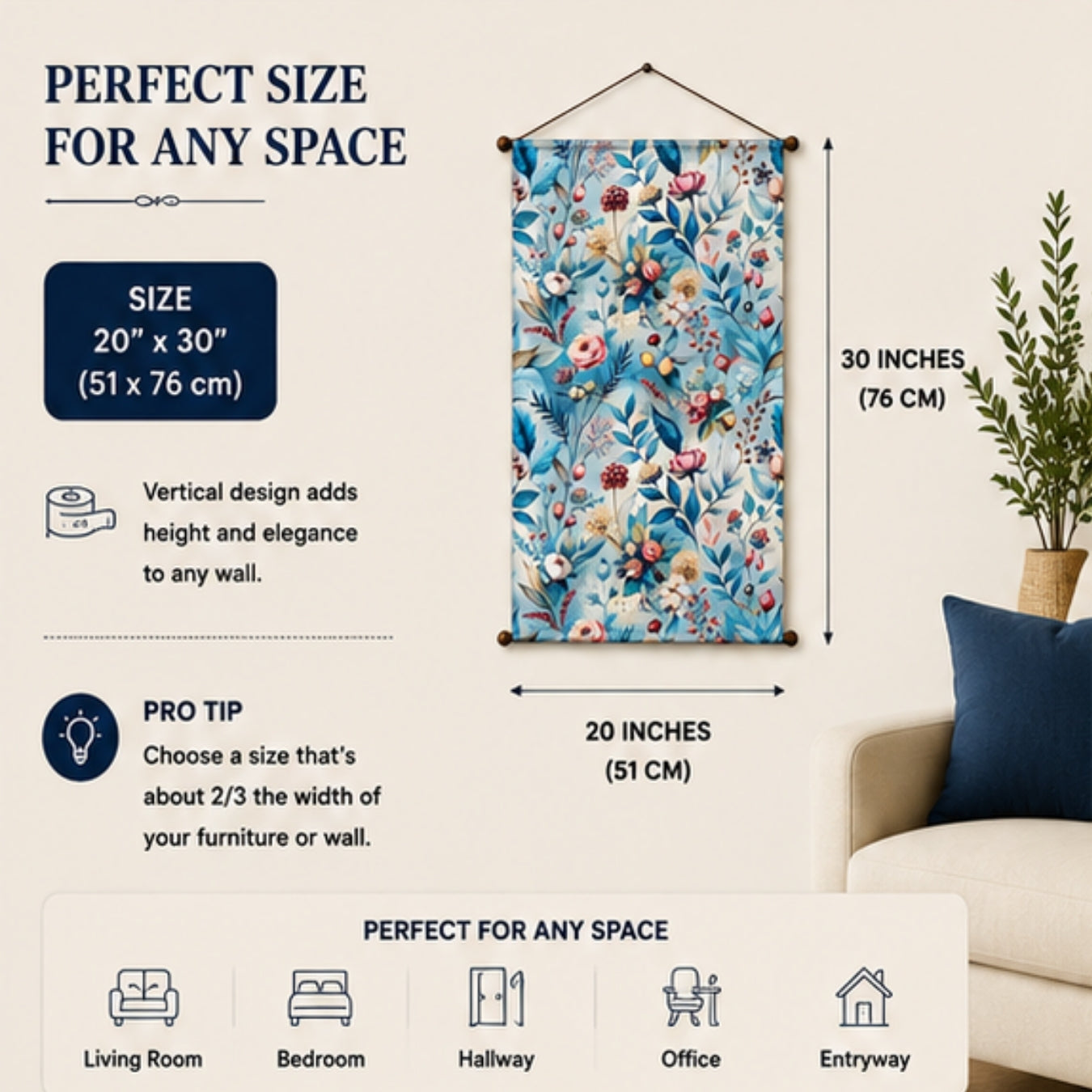 Floral Tapestry Wall Hanging for Living Room & Bedroom | Pastel Botanical Wall Decor with Blue Leaves & Bloom Design | Aesthetic Fabric Tapestry for Home, Office & Boho Decor 20x30 Inch