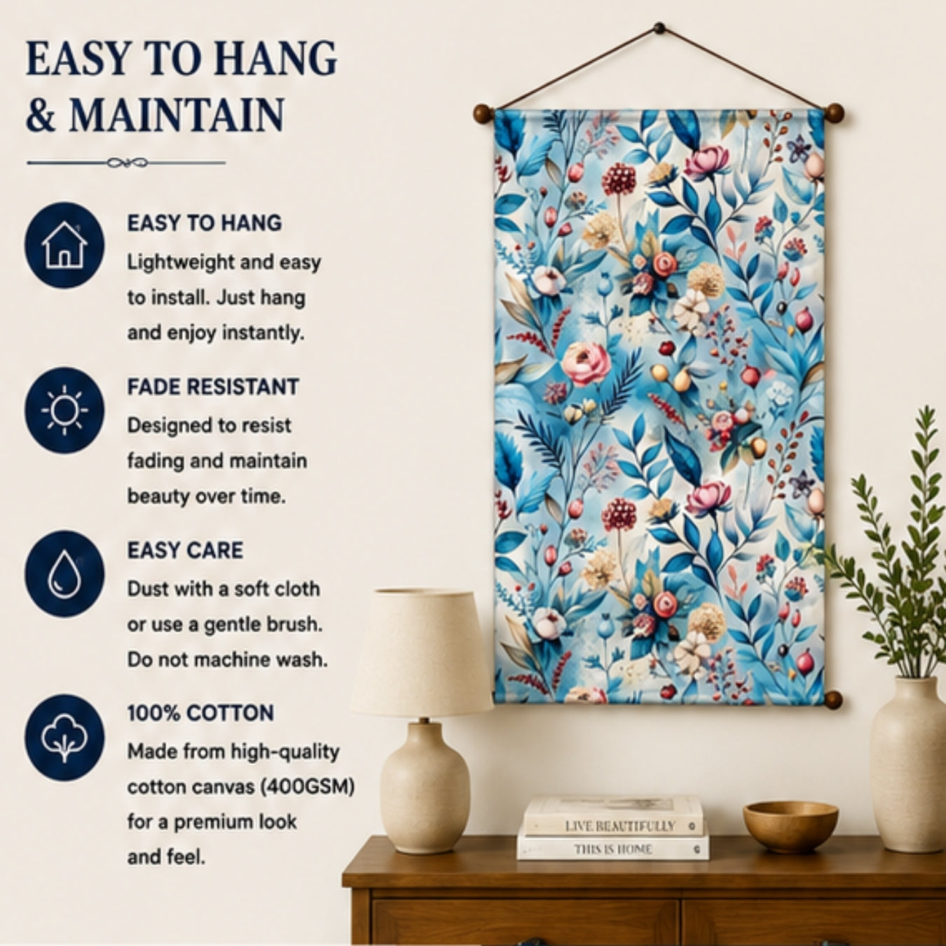 Floral Tapestry Wall Hanging for Living Room & Bedroom | Pastel Botanical Wall Decor with Blue Leaves & Bloom Design | Aesthetic Fabric Tapestry for Home, Office & Boho Decor 20x30 Inch