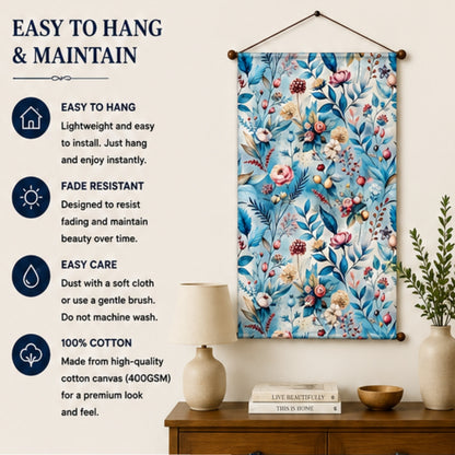 Floral Tapestry Wall Hanging for Living Room & Bedroom | Pastel Botanical Wall Decor with Blue Leaves & Bloom Design | Aesthetic Fabric Tapestry for Home, Office & Boho Decor 20x30 Inch