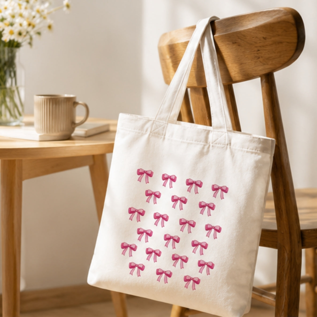 Cute Bows Premium Reusable Unique Art Printed Tote Bag Stylish Eco-Friendly Cotton Handbags, Canvas Bags for College, Shopping, Office, Travel, Grocery Runs, Beach Day and Casual Outings