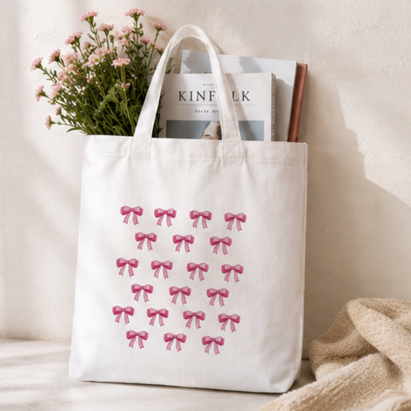 Cute Bows Premium Reusable Unique Art Printed Tote Bag Stylish Eco-Friendly Cotton Handbags, Canvas Bags for College, Shopping, Office, Travel, Grocery Runs, Beach Day and Casual Outings
