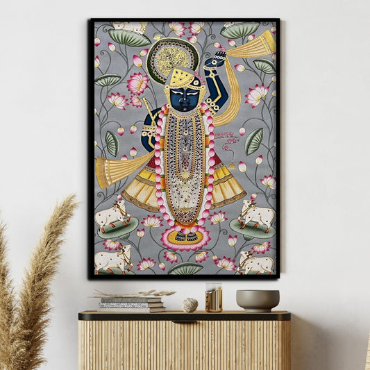 Divine Shrinath Ji Lotus Pichwai Canvas Painting Framed Wall Art