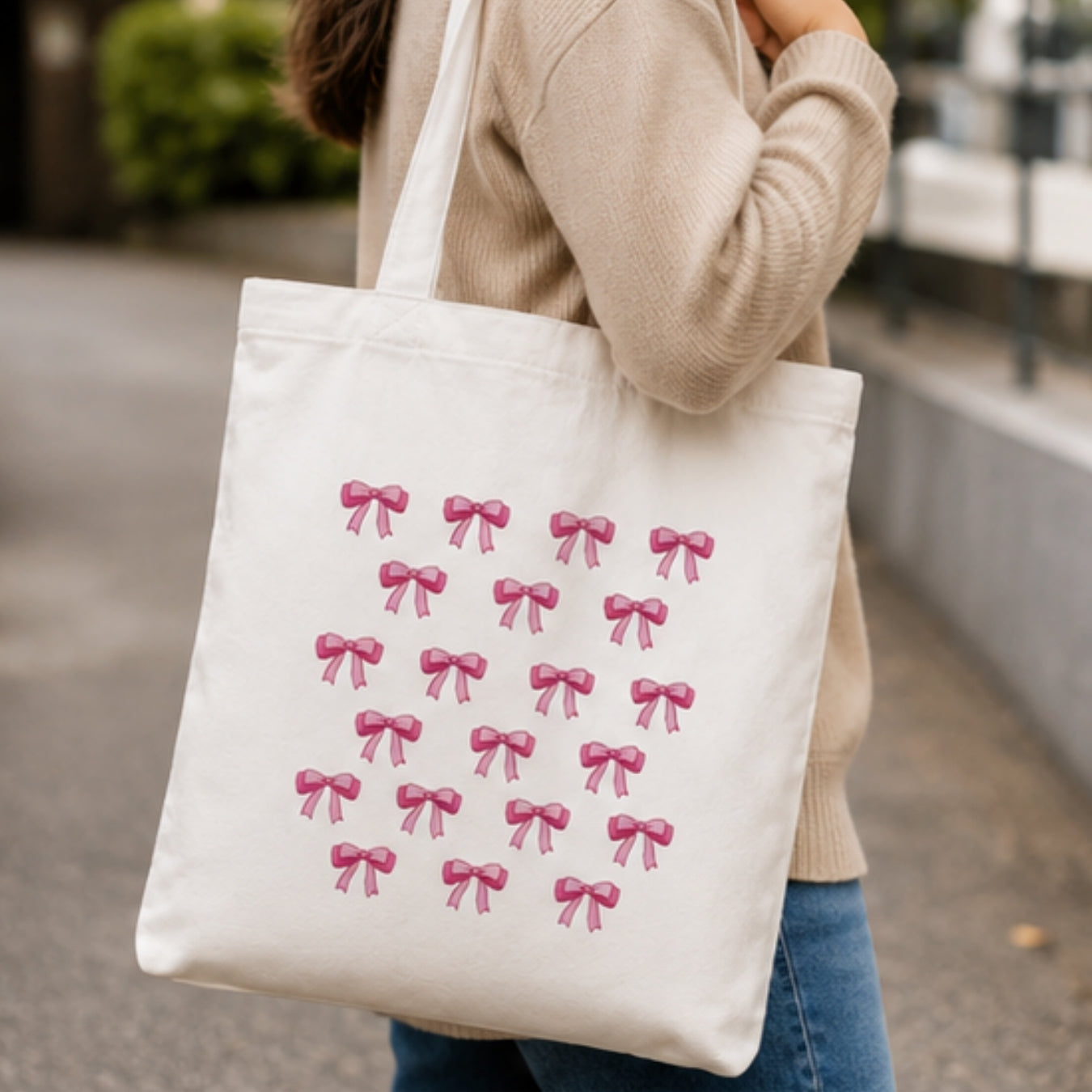 Cute Bows Premium Reusable Unique Art Printed Tote Bag Stylish Eco-Friendly Cotton Handbags, Canvas Bags for College, Shopping, Office, Travel, Grocery Runs, Beach Day and Casual Outings