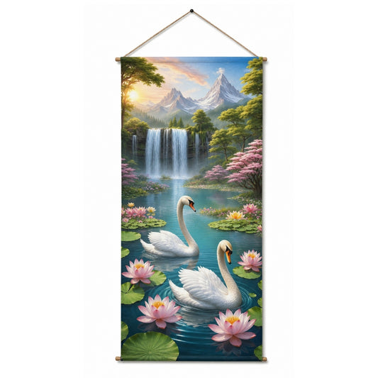 Swan Waterfall Wall Hanging Tapestry for Living Room |Nature Landscape Hanging Decor with Lotus Flowers & Mountain View | Aesthetic Wall Art for Bedroom, Office & Home Decor 18x36 Inch