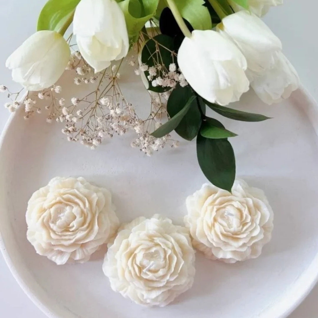 Set of 3 100% Soy Wax Peony Shape Handmade Candle In White