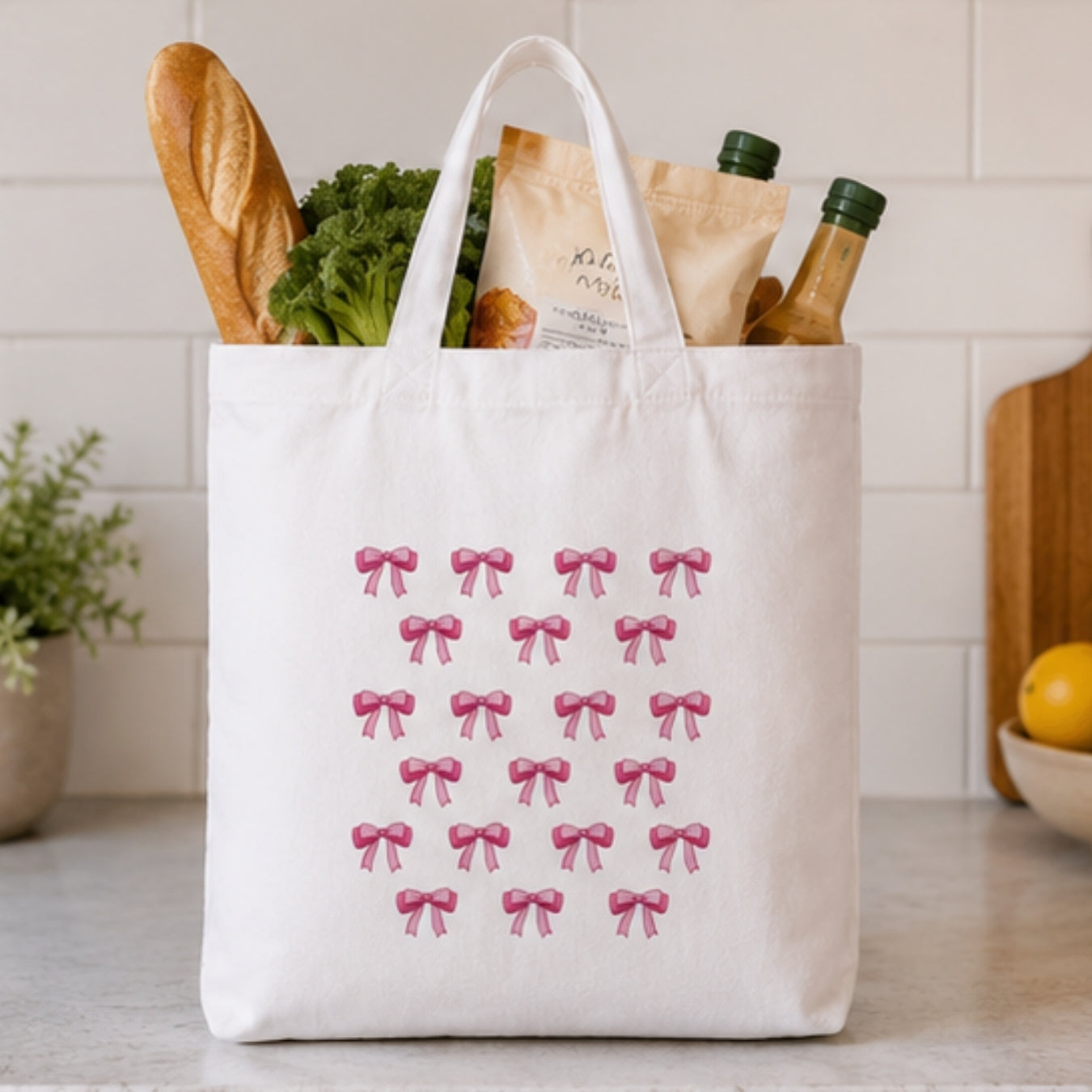 Cute Bows Premium Reusable Unique Art Printed Tote Bag Stylish Eco-Friendly Cotton Handbags, Canvas Bags for College, Shopping, Office, Travel, Grocery Runs, Beach Day and Casual Outings