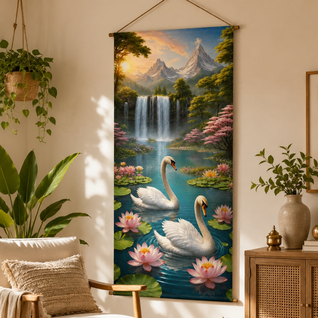 Swan Waterfall Wall Hanging Tapestry for Living Room |Nature Landscape Hanging Decor with Lotus Flowers & Mountain View | Aesthetic Wall Art for Bedroom, Office & Home Decor 18x36 Inch
