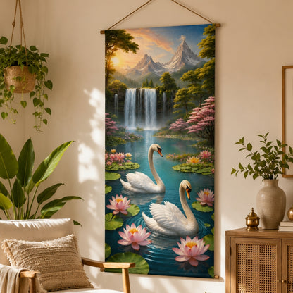 Swan Waterfall Wall Hanging Tapestry for Living Room |Nature Landscape Hanging Decor with Lotus Flowers & Mountain View | Aesthetic Wall Art for Bedroom, Office & Home Decor 18x36 Inch