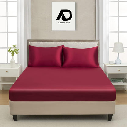 Silk Satin Fitted Sheet With Pillow Covers Burgundy