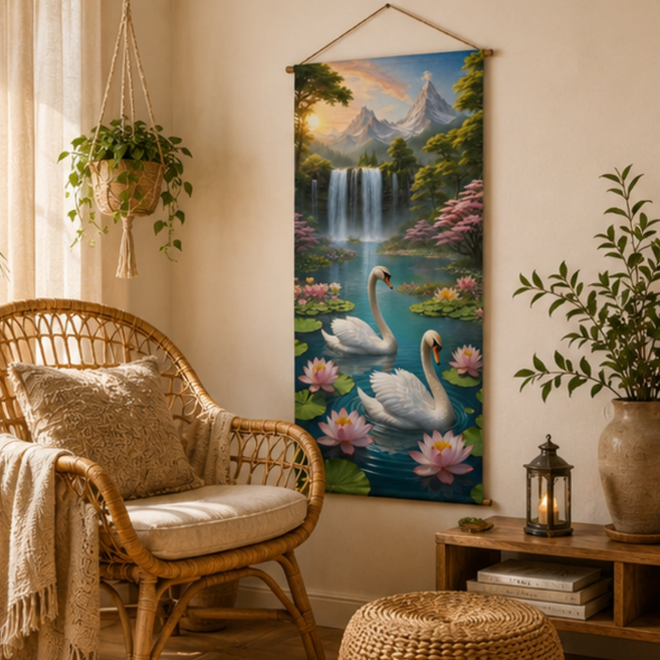 Swan Waterfall Wall Hanging Tapestry for Living Room |Nature Landscape Hanging Decor with Lotus Flowers & Mountain View | Aesthetic Wall Art for Bedroom, Office & Home Decor 18x36 Inch