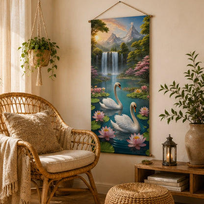Swan Waterfall Wall Hanging Tapestry for Living Room |Nature Landscape Hanging Decor with Lotus Flowers & Mountain View | Aesthetic Wall Art for Bedroom, Office & Home Decor 18x36 Inch