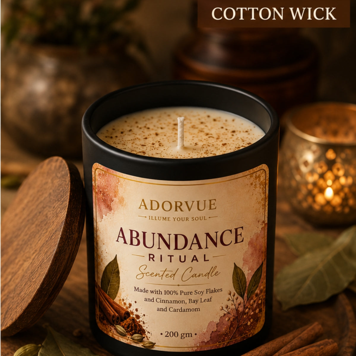 Abundance Ritual Scented Candle for Home Fragrance | Cinnamon, Bay Leaf & Cardamom Soy Wax Candle