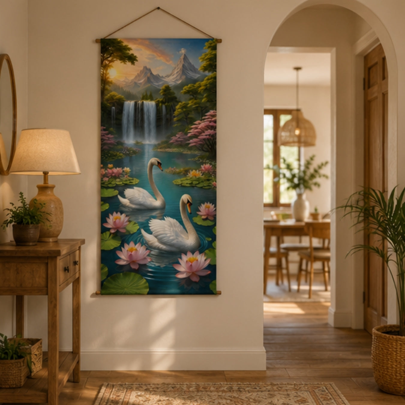 Swan Waterfall Wall Hanging Tapestry for Living Room |Nature Landscape Hanging Decor with Lotus Flowers & Mountain View | Aesthetic Wall Art for Bedroom, Office & Home Decor 18x36 Inch
