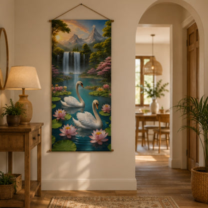 Swan Waterfall Wall Hanging Tapestry for Living Room |Nature Landscape Hanging Decor with Lotus Flowers & Mountain View | Aesthetic Wall Art for Bedroom, Office & Home Decor 18x36 Inch