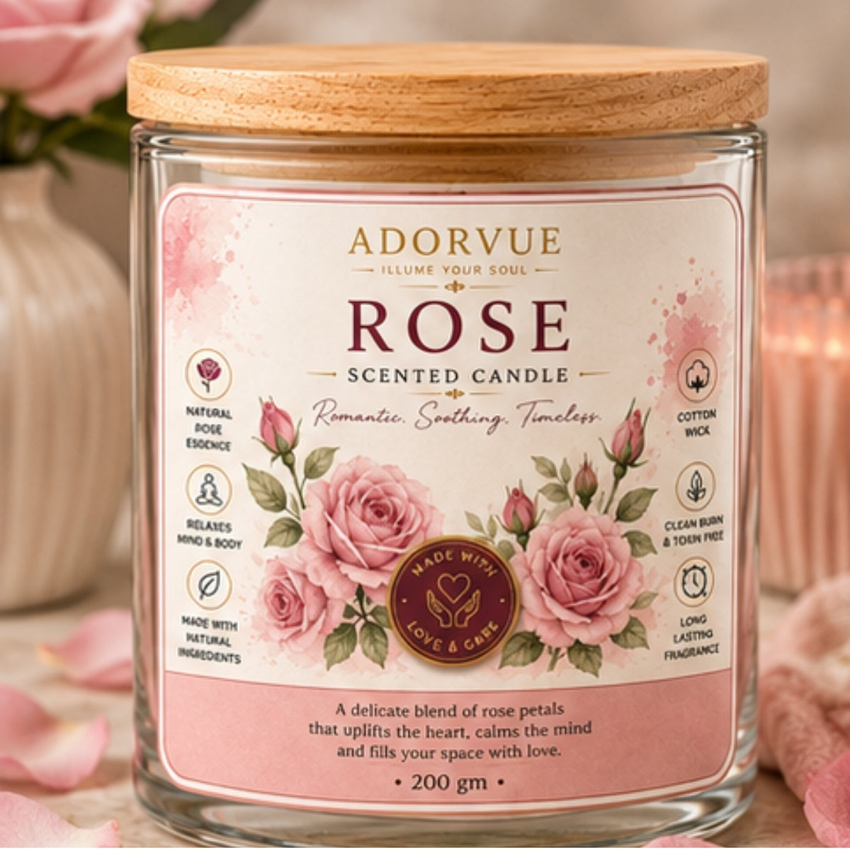Rose Scented Candle for Home Decor & Gifting | Natural Soy Wax Aromatherapy Candle