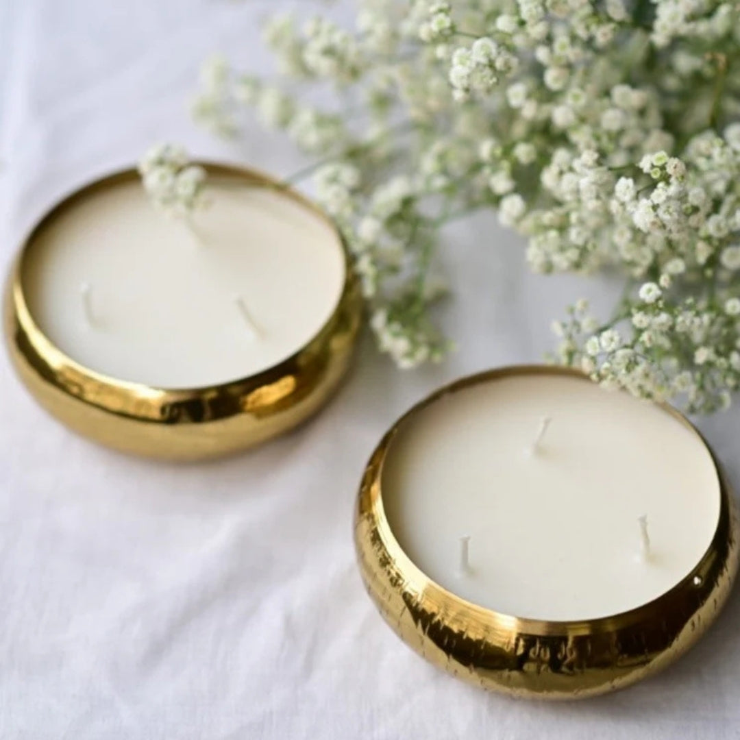 Set of 2, 3 Wick 100% Soy Wax Handcrafted Metal Bowl Candle