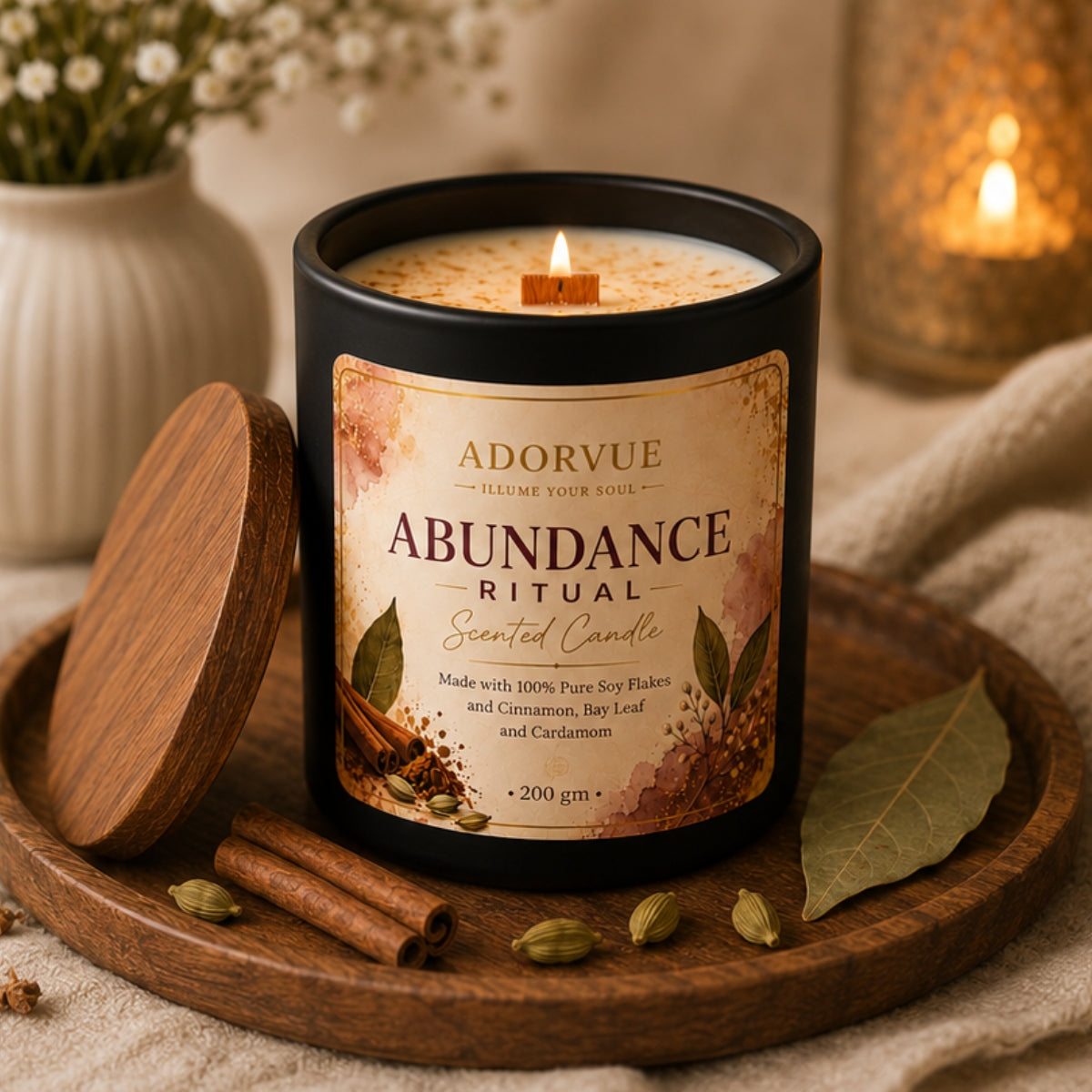 Abundance Ritual Scented Candle for Home Fragrance | Cinnamon, Bay Leaf & Cardamom Soy Wax Candle