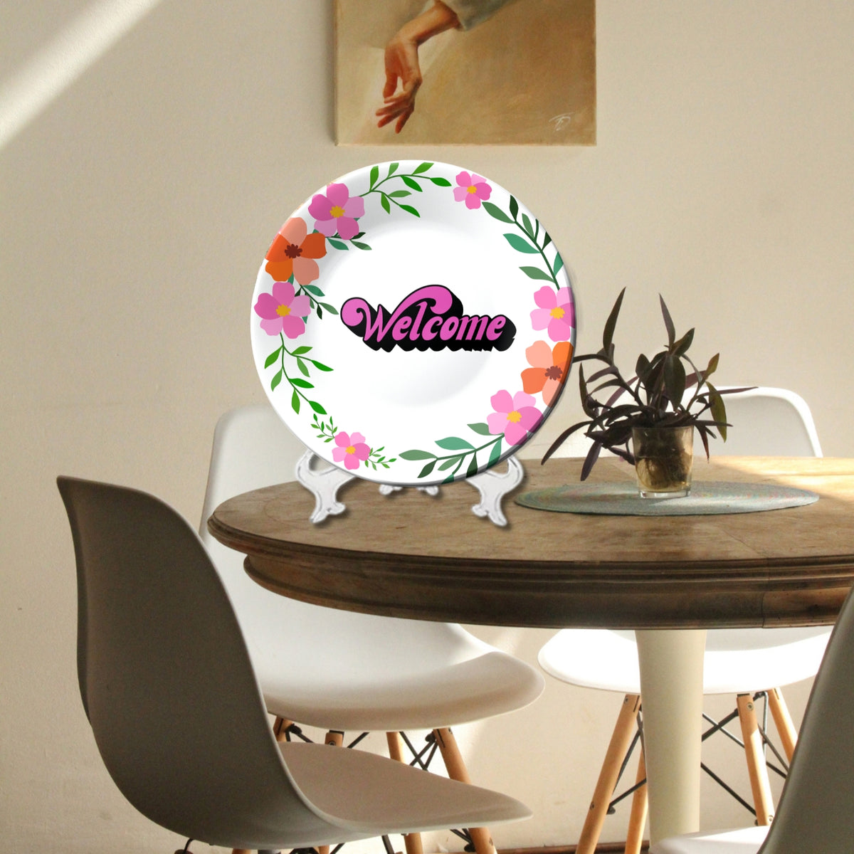 Welcome Quote With Colourful Flowers Ceramic Wall Plate Home Décor