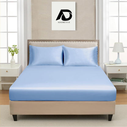 Silk Satin Fitted Sheet With Pillow Covers Light Blue