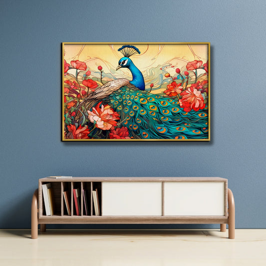 Regal Bloom Peacock Canvas Painting Framed Wall Art