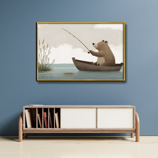 Bear’s Fishing Adventure Canvas Painting Framed Wall Art