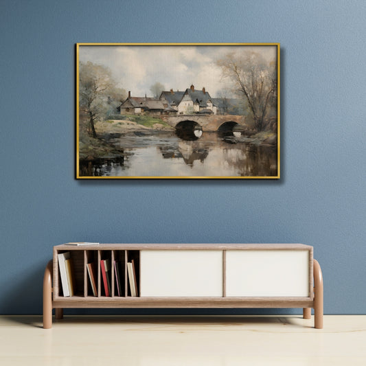 Rustic Reflections Countryside Bridge Over A Peaceful River Canvas Painting Framed Wall Art