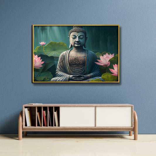 Buddha Ji and Lotus Zen Bloom Canvas Painting Framed Wall Art