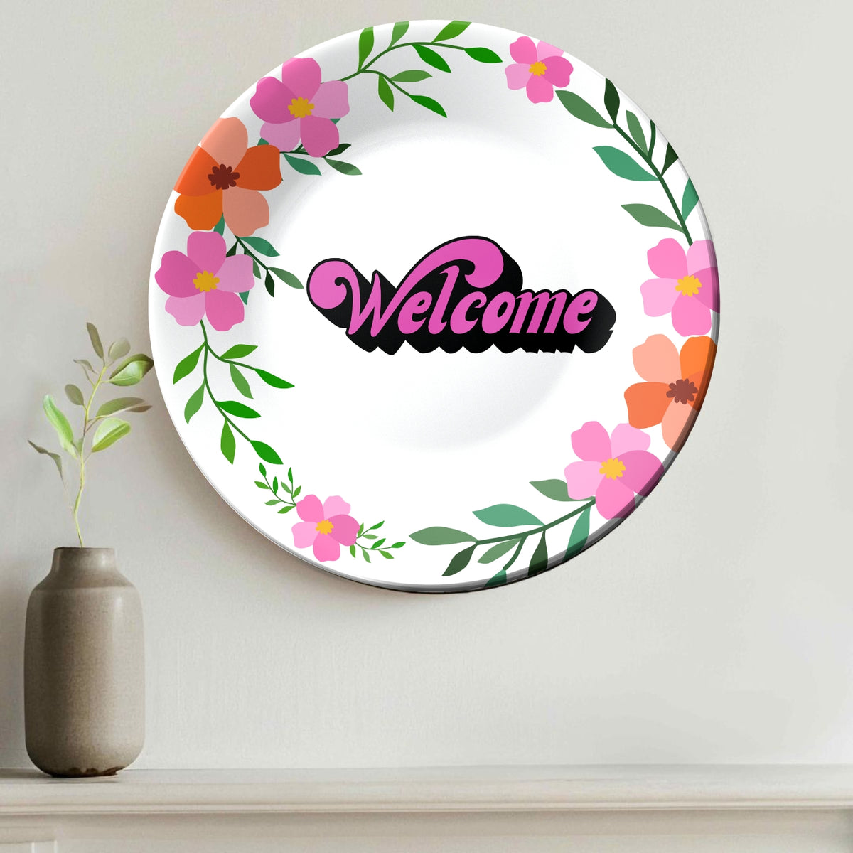 Welcome Quote With Colourful Flowers Ceramic Wall Plate Home Décor