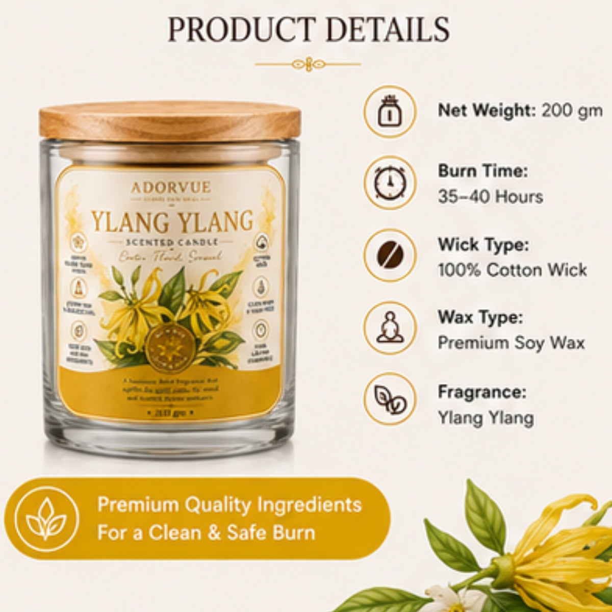Ylang Ylang Scented Candle for Home Décor & Gifting | Natural Soy Wax Aromatherapy Candle